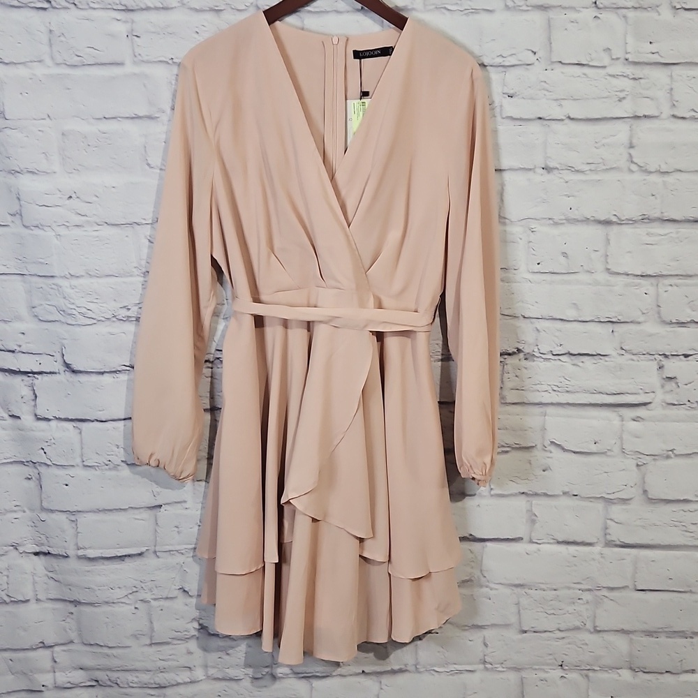 Pastel pink ruffle tiered faux wrap long sleeve dress